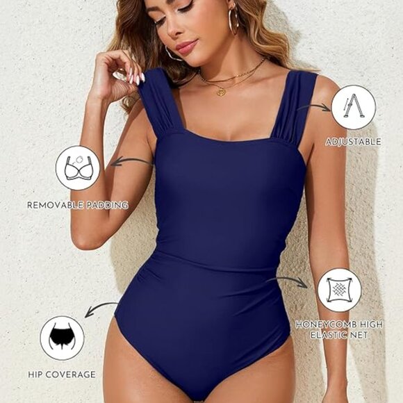 Aleumdr Women's One Piece Swimsuit Ruched Tummy Control Blue Size Medium - Picture 3 of 6